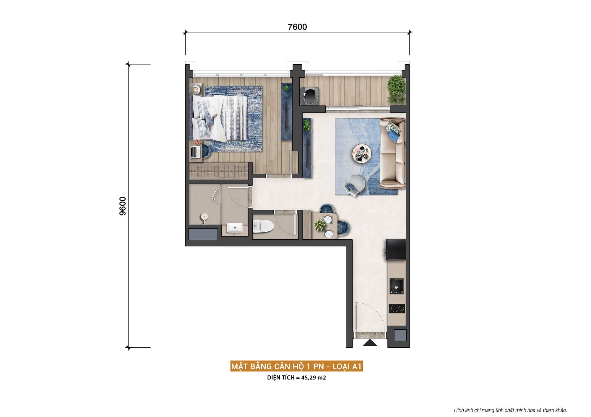 Mặt bằng 5 layout căn hộ 1 phong ngủ