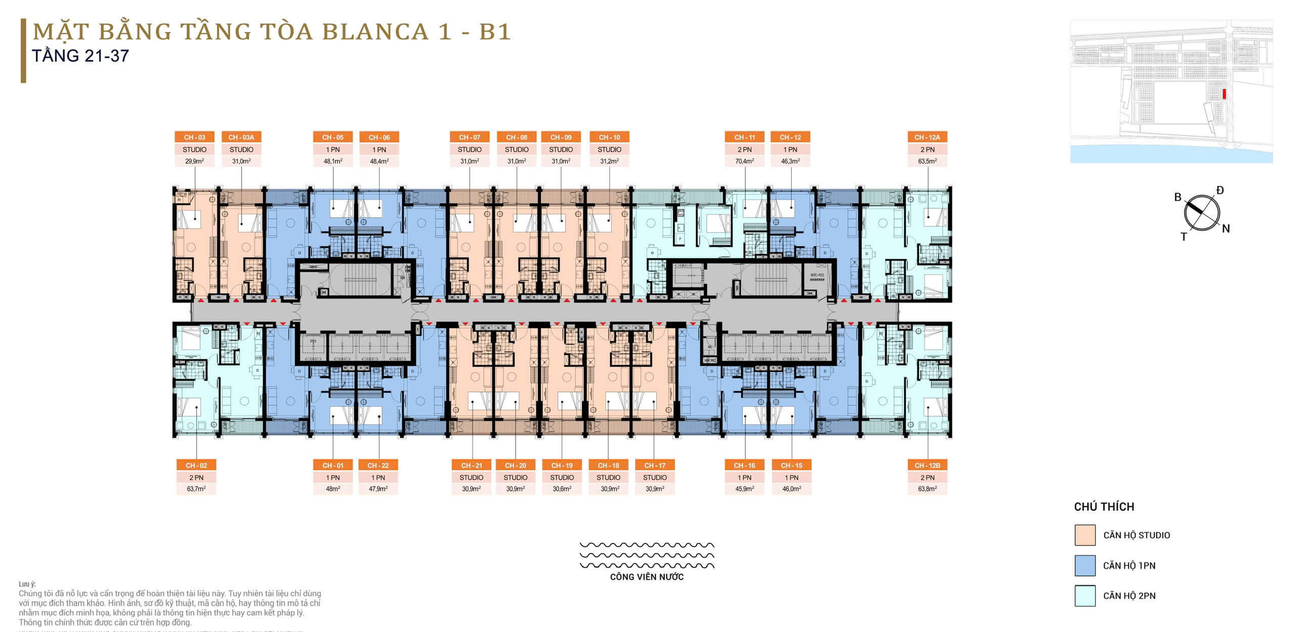 Trang chủ 16 Layout mặt bằng tầng 21 đến tầng 37 tòa căn hộ Blanca 1 - B1